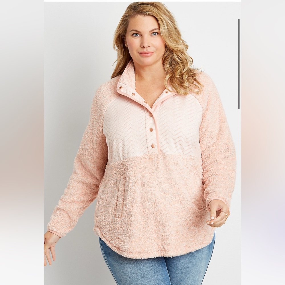 Maurices Pink Quilted Snap Front Sherpa Pullover Sweatshirt